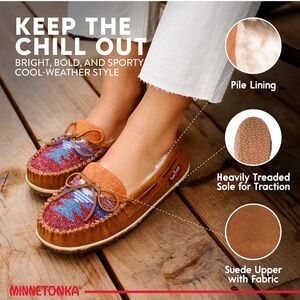 Minnetonka Women’s Tan Suede Moccasins with Multicolor Aztec Woven Toe